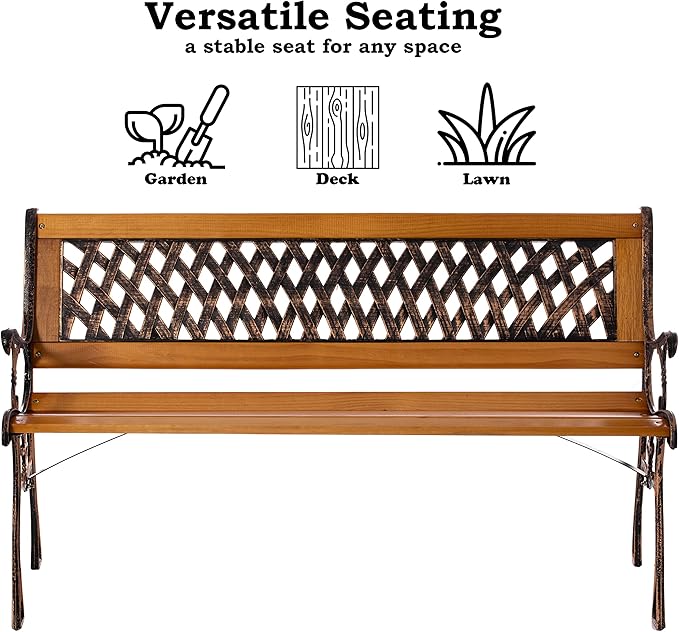 Gardenised QI003462L Outdoor Classical Wooden Slated Park Bench, Steel Frame Seating Bench for Yard, Patio, Garden, Balcony, and Deck