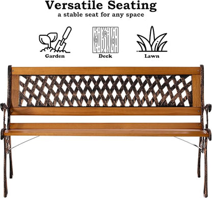 Gardenised QI003462L Outdoor Classical Wooden Slated Park Bench, Steel Frame Seating Bench for Yard, Patio, Garden, Balcony, and Deck