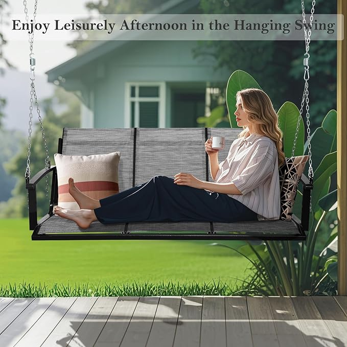 Textilene 3 Seat Hanging Swing, 5.2FT Patio Bench Swing, 660lbs Heavy Duty Outdoor Porch Swing with Hanging Chains for Courtyard, Garden, Tree, Yard