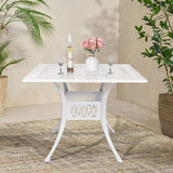 VIVIJASON 35.4" Outdoor Patio Dining Square Table White Cast Aluminum Rustic Large Patio Table with Umbrella Hole - Photo 2