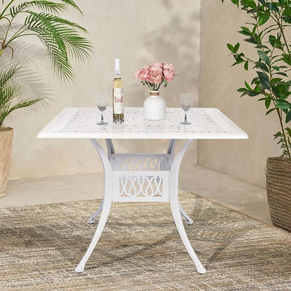 VIVIJASON 35.4" Outdoor Patio Dining Square Table White Cast Aluminum Rustic Large Patio Table with Umbrella Hole