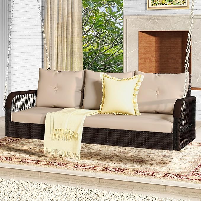 DWVO 3 Seats Porch Swing Hanging Bench Swing Outdoor Wicker Patio Swing Lounge Front Rattan 794lbs for Garden, Balcony - Photo 5