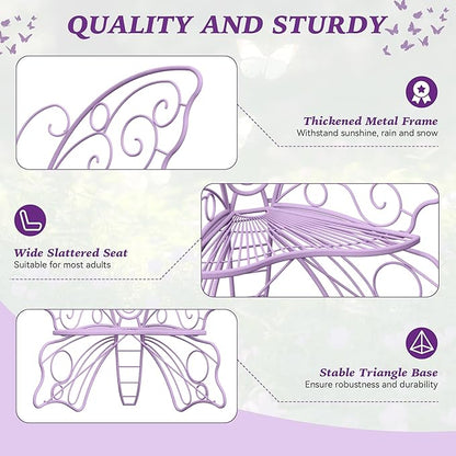 36 Inch Outdoor Bench, Cute Garden Bench with Metal Frame, Weatherproof Butterfly Front Porch Benches for Lawn, Garden, Yard, Balcony, Purple