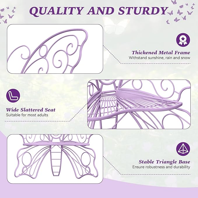 49 Inch Outdoor Bench, Purple Garden Bench with Metal Frame, Weatherproof Butterfly Front Porch Benches for Lawn, Garden, Yard, Balcony