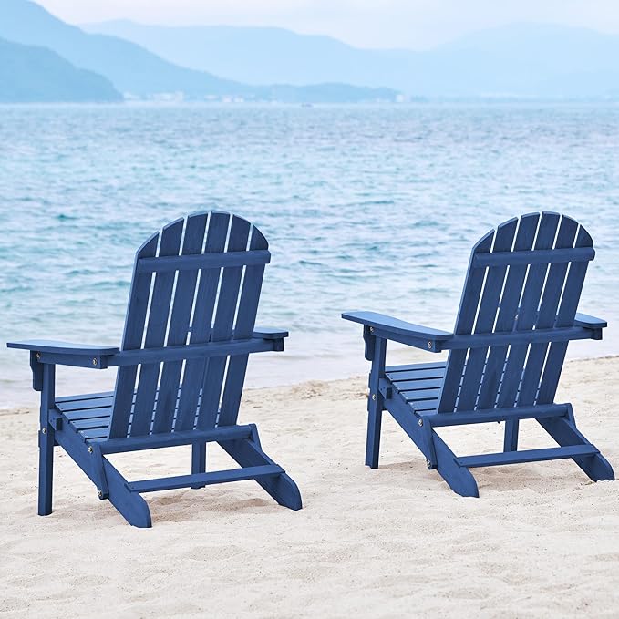 Yaheetech Folding Adirondack Chair Set of 3 Outdoor, 300LBS Solid Wood Garden Chair Weather Resistant, Fire Pit Lounge Chairs for Garden/Yard/Patio/Lawn, Blue