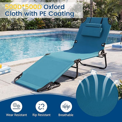 Tangkula Beach Lounge Chair, Folding Sunbathing Recliner with Face Hole, Face Down Tanning Chair with 4-Level Adjustable Backrest & 3 Removable Pillows, Chaise Lounge Chair for Patio (2, Blue)