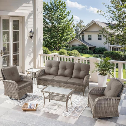5 Pieces Wicker Patio Furniture Set-Outdoor Swivel Rocker Patio Chairs Patio Sofa Set with Tempered Glass Top Outdoor Coffee Table for Deck Lawn Porch Balcony Poolside-Grey/Grey