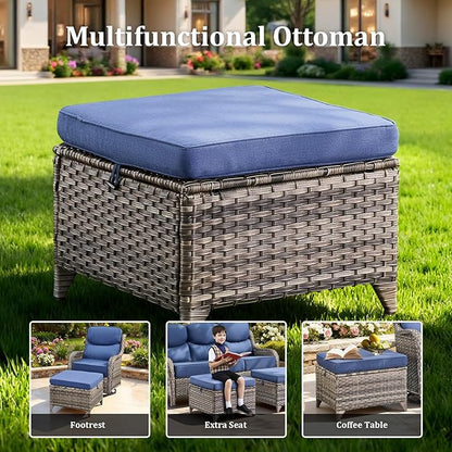 Luxury High Back Patio Furniture Set with 6-Inch Thick Cushions, 5-Pieces Outdoor Furniture with Swivel Chairs, Wicker Conversation Set for Porch, Balcony, Deck and Yard, Grey/Blue