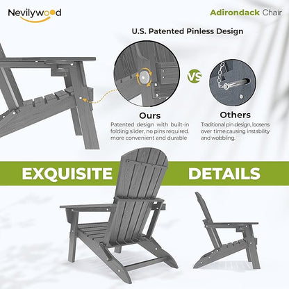 nevilywood Folding Adirondack Chair with Cup Holder Set of 4, HDPE Patio Chairs,All-Weather Outdoor Chairs for Backyard, Deck,Fire Pit-Grey
