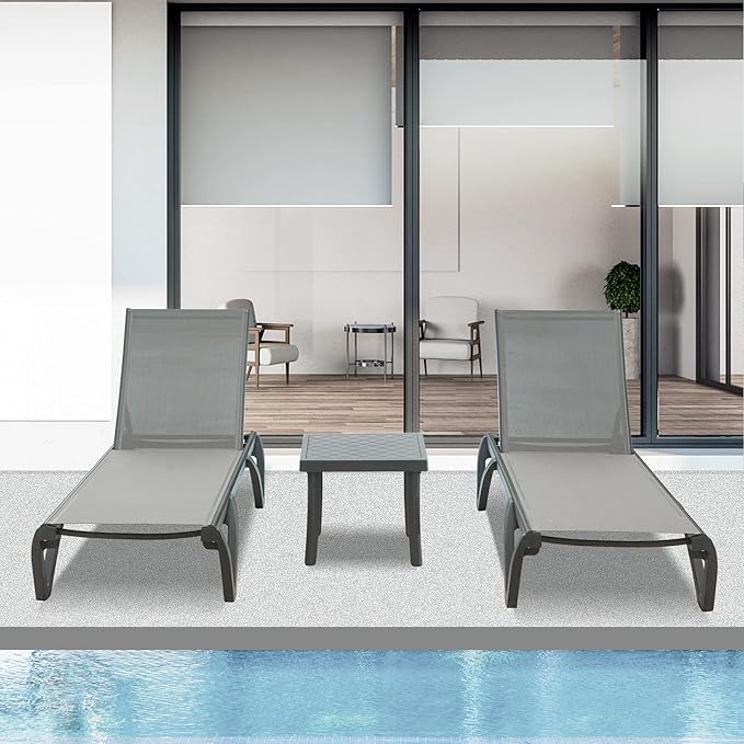 Domi Patio Chaise Lounge Chair Set of 3, Outdoor Aluminum Polypropylene Sunbathing Chair with 5 Adjustable Position - Photo 8