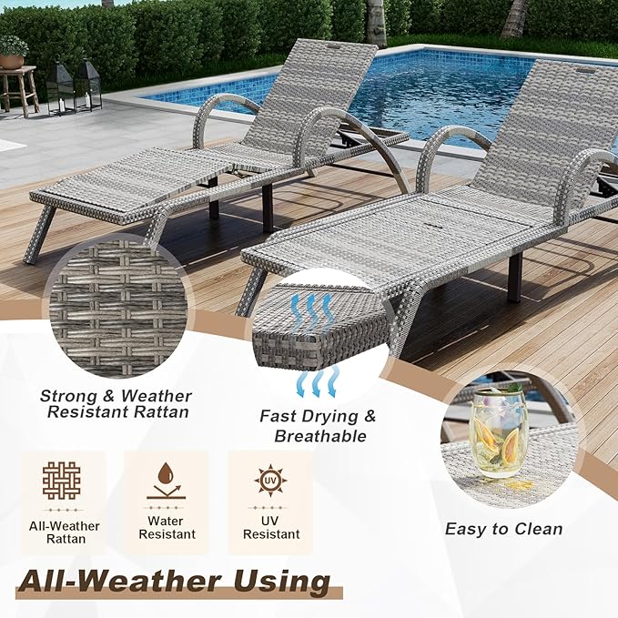 MEISSALIVVE Outdoor Lounge Chairs Set of 4, Patio Chaise Loungers with Adjustable 5 Position & Leg Support, PE Rattan Chaise Lounge, Wicker Pool Recliners Chair for Backyard, Porch, Deck, （Grey
