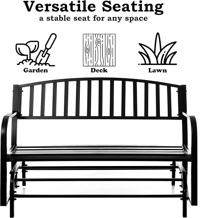 Gardenised QI003392 Outdoor Black Steel Swing, Powder Coated Glider Bench, Loveseat Lawn Rocker Bench for Yard, Patio, Garden and Deck
