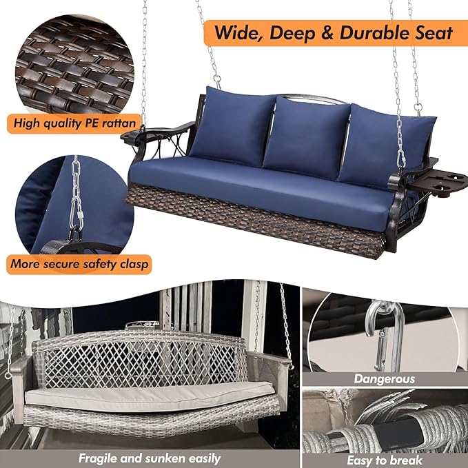 3-Person Wicker Porch Swing Chair Heavy Duty 900 LBS Outdoor Rattan Patio Swing Chair w/Cup-Holder & Steel Chains - Photo 2