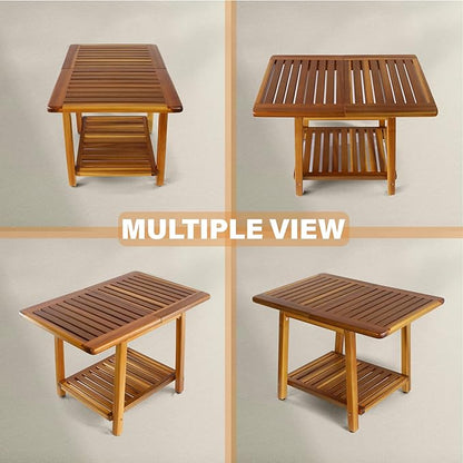 ENKEZI Acacia 24 Inches Outdoor Side Table, 2-Tier Sturdy Patio, End Table Weather Resistant, Strong Stability Side Table for Patio, Pool, Porch, Teak Finish (Large)