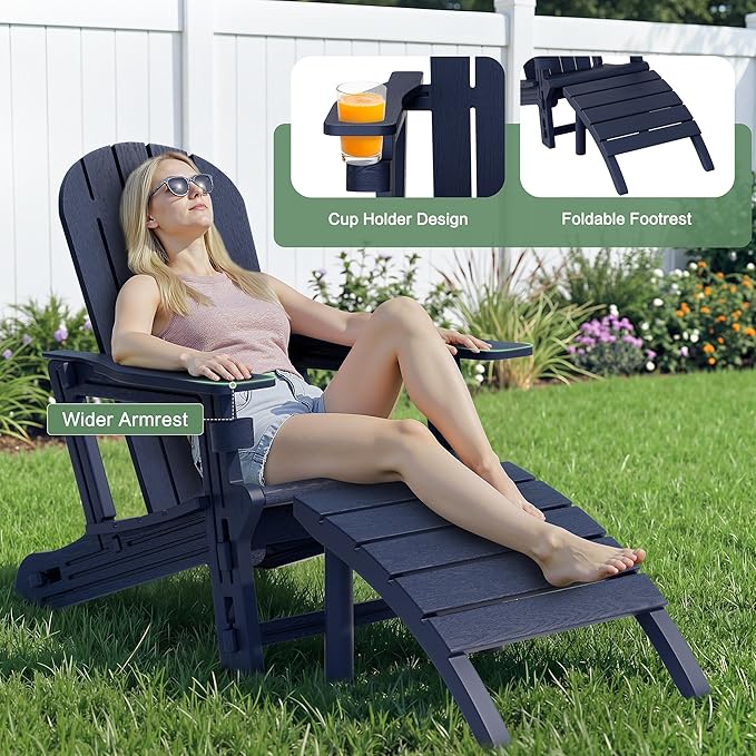 JY QAQA Outdoor Adirondack Chair Set of 2 with Detachable Table & Ottoman, All-Weather HDPE Patio Furniture with Wood Texture & Cup Holder for Patio, Poolside, Garden, Dark Blue