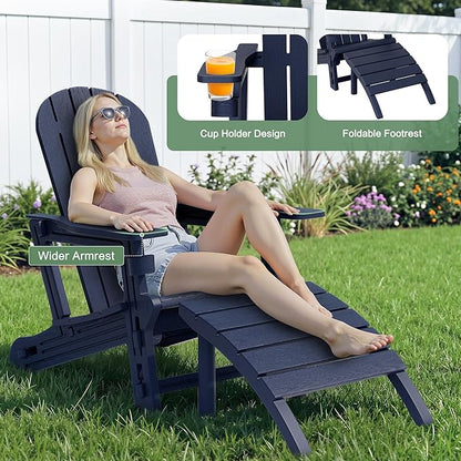 JY QAQA Outdoor Adirondack Chair Set of 2 with Detachable Table & Ottoman, All-Weather HDPE Patio Furniture with Wood Texture & Cup Holder for Patio, Poolside, Garden, Dark Blue