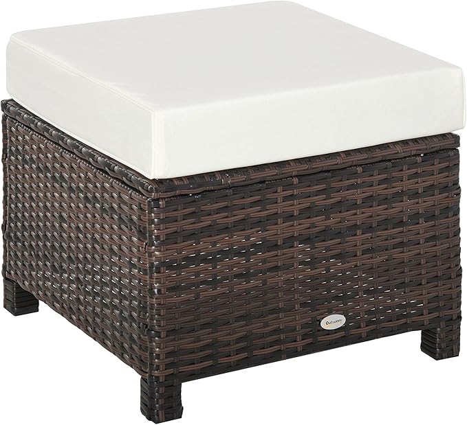 Outsunny 20" Patio Wicker Ottoman, Multipurpose Outdoor PE Rattan Footrest, Additional Seating, Side Table with Soft Cushion, Brown, White