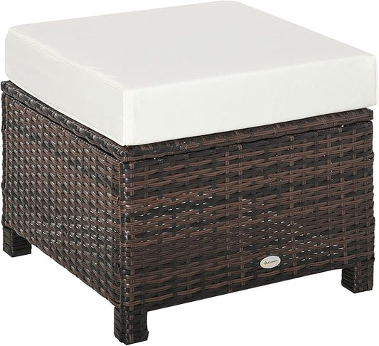 Outsunny 20" Patio Wicker Ottoman, Multipurpose Outdoor PE Rattan Footrest, Additional Seating, Side Table with Soft Cushion, Brown, White