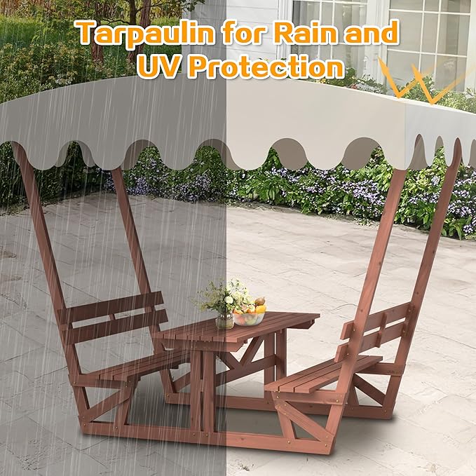 Wooden Picnic Table,Outdoor Wooden Dining Rectangle Table w/Umbrella Hole,for Patio,Garden,Backyard - Photo 5