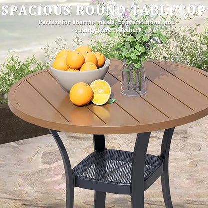 27.6" Round Patio Dining Table for 4, All-Weather Metal Patio Table with Storage Shelf, Outdoor Round Dining Table for Lawn Garden Porch, Walnut