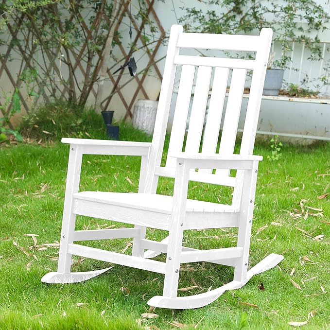 Outdoor Rocking Chair for Adults, High Back Patio Rocking Chair, HDPE All Weather Resistant Porch Rocker for Lawn, Porch, Backyard, Indoor and Garden (White)