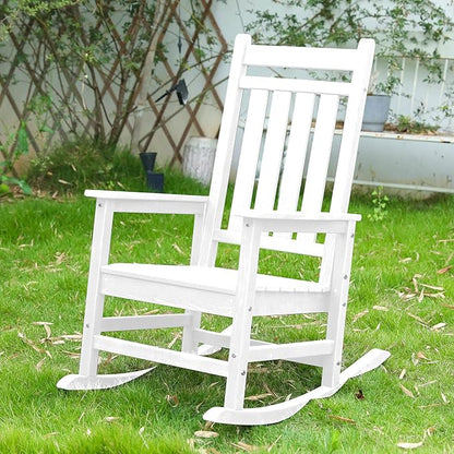 Outdoor Rocking Chair for Adults, High Back Patio Rocking Chair, HDPE All Weather Resistant Porch Rocker for Lawn, Porch, Backyard, Indoor and Garden (White)