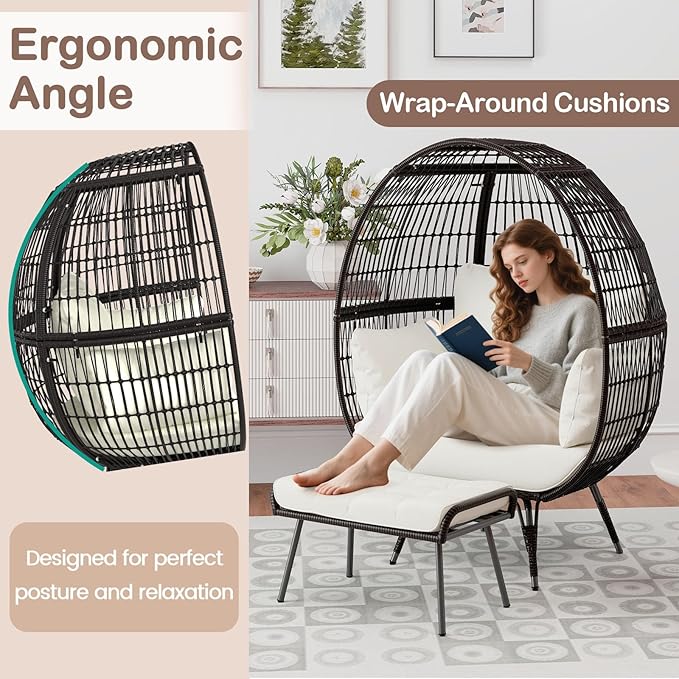 Tangkula Oversized Wicker Egg Chair with Ottoman, Patio Lounge Basket with 5 Soft Cushions, Stable Metal Frame - Photo 5