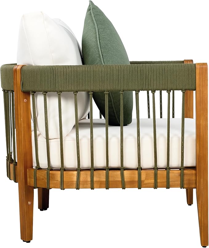 Christopher Knight Home Vinny Outdoor Accent Chair, Acacia Wood Club Chair, Handwoven Rope Armchair with Removable Cushions, Comfort Seating Single Reading Sofa for Garden Backyard Porch, Green+Beige