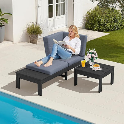 SERWALL HDPE Outdoor Furniture Set, 2 Seats Outdoor Sectional with Coffee Table, All Weather Patio Sofas, Outdoor Conversation Sets with Adjustable Backrest Sofa for Backyard, Garden, Black with Grey