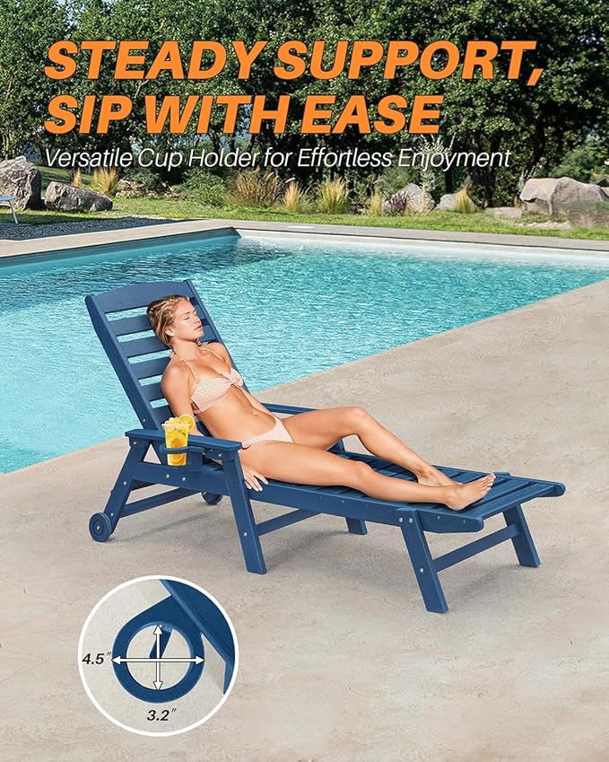 HDPE Patio Chaise Lounge Chair, 78.4'' Adjustable Outdoor Lounger with Wheels & Cup Holder, 5 Positions Poly Lounge Chairs, HDPE Outdoor Patio Lounge Chair for Outside, Deck, Beach, Navy