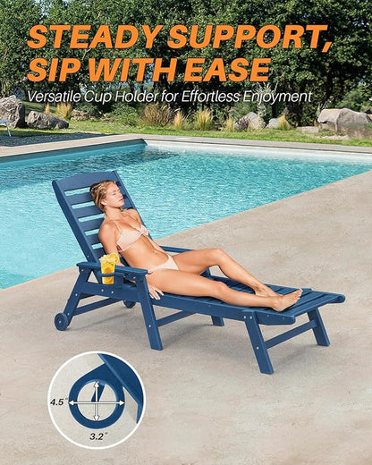 HDPE Patio Chaise Lounge Chair, 78.4'' Adjustable Outdoor Lounger with Wheels & Cup Holder, 5 Positions Poly Lounge Chairs, HDPE Outdoor Patio Lounge Chair for Outside, Deck, Beach, Navy