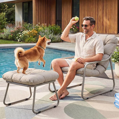 BULEXYARD 4" Thick Cushion Patio Lounge Chair, Heavy Duty Reading Chair with Ottoman, Breathable Mesh Outdoor Chair and Ottoman Set for Balcony Yard Garden Porch Poolside, Beige