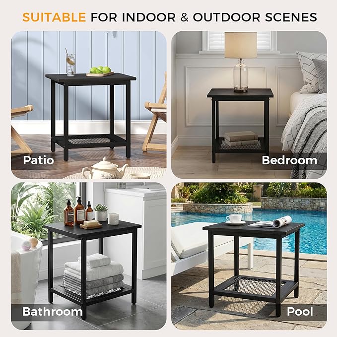 2-Tier Outdoor Side Table with Storage, Weather Resistant Patio End Table, HDPS Small Accent Table for Deck, Garden, Pool, Backyard, Black
