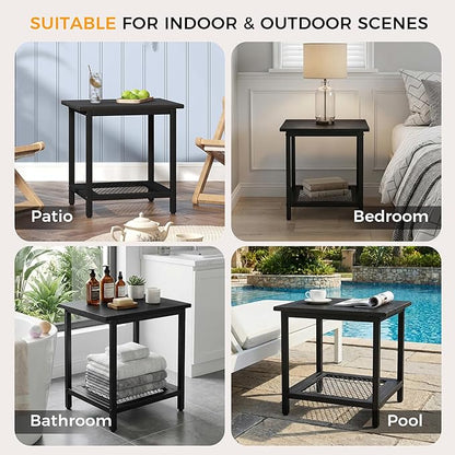 2-Tier Outdoor Side Table with Storage, Weather Resistant Patio End Table, HDPS Small Accent Table for Deck, Garden, Pool, Backyard, Black