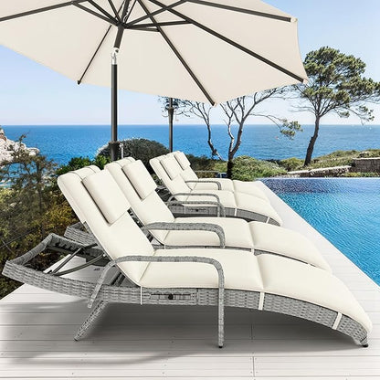 YITAHOME Wicker Chaise Lounge Outdoor, Rattan Pool Lounge Chair Reclining Chaise Lounge Set w/Pull-Out Desktop, 5-Position Backrest, Headrest & Cushion, Armrests for Poolside, Beach, Outside(Beige)