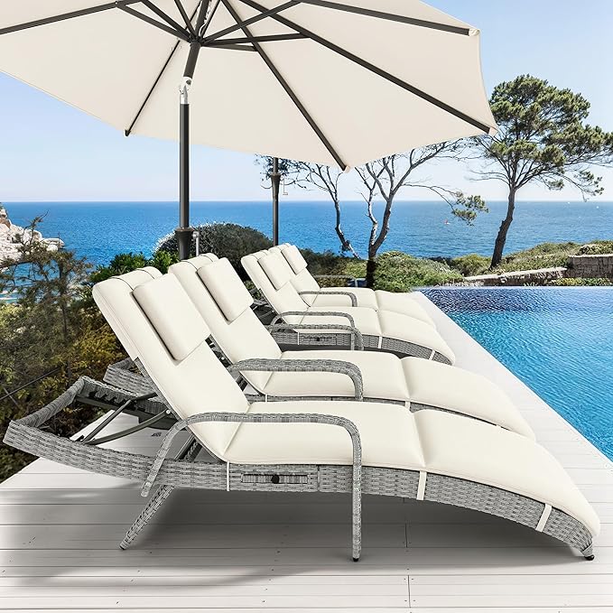 YITAHOME Patio Chaise Lounge Chair Set, Wicker Chaise Lounge Outdoor Rattan Reclining Chair with Armrests/Pull-Out Cup Holder/5-Position Backrest/Cushion & Headrest-Beige
