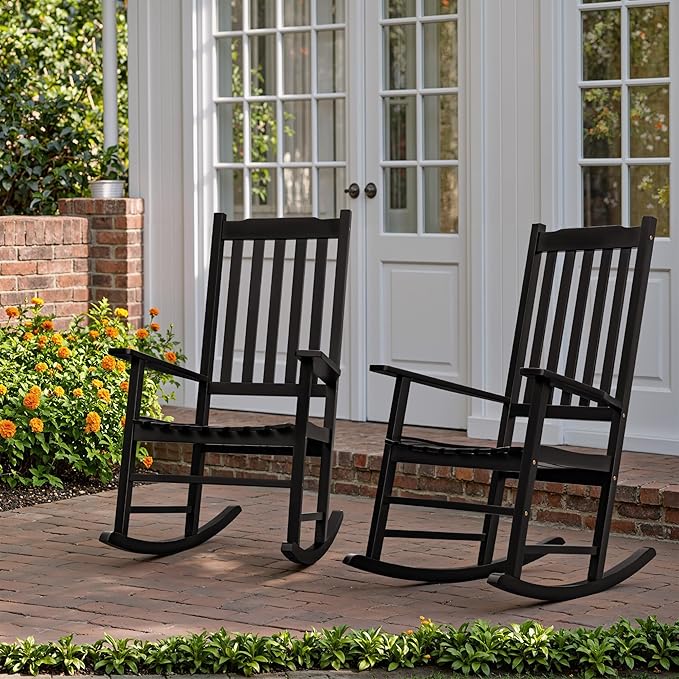 Flamaker Acacia Wood Patio Rocking Chair Set of 2, High Back and Widen Armrest for Adults, Solid Wood Porch Rocking Chair for Lawn, Garden, Backyard (Black)
