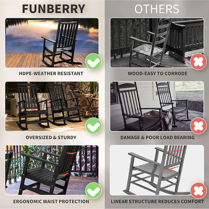 FUNBERRY Outdoor Rocking Chairs, HDPE All Weather Poly Lumber Rocker, High Back Patio Rockers Easy Assembly