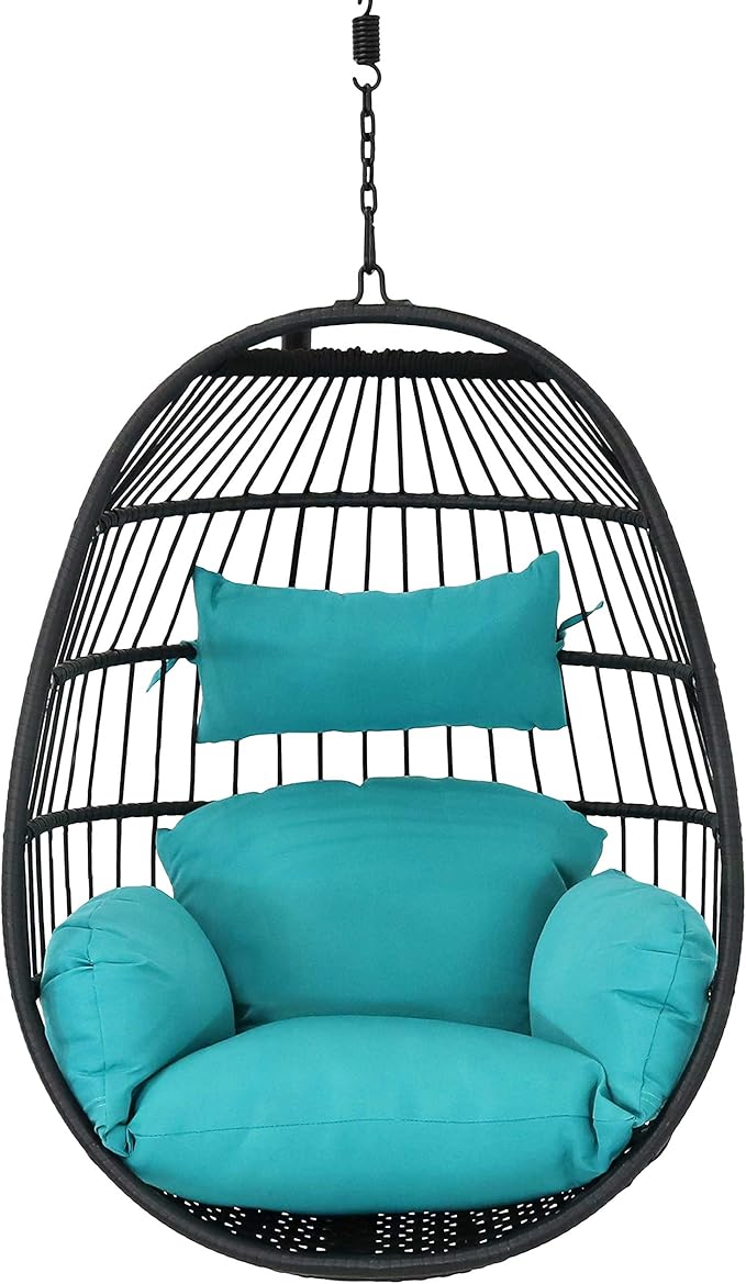 Sunnydaze Dalia Black Steel and Polyethylene Wicker Hanging Egg Chair with Teal Polyester Seat Cushions - 45-Inch Tall