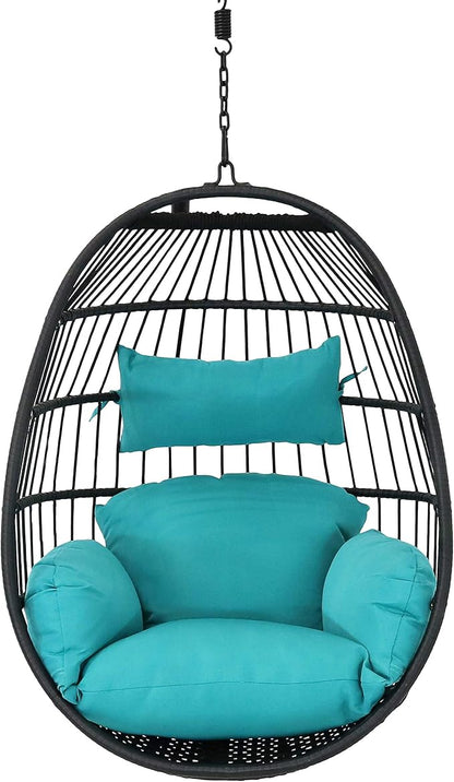 Sunnydaze Dalia Black Steel and Polyethylene Wicker Hanging Egg Chair with Teal Polyester Seat Cushions - 45-Inch Tall
