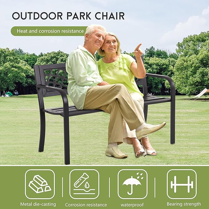 Garden Bench,Metal Outdoor Bench Park Bench with Plastic Mesh Backrest Armrests Sturdy Steel Frame for Patio Yard Porch Entryway Black