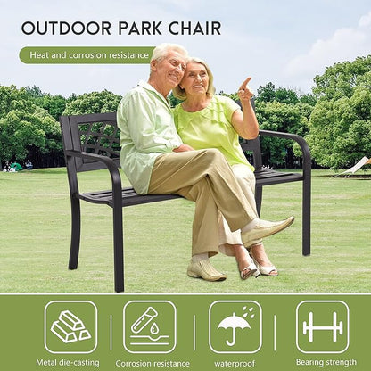 Garden Bench,Metal Outdoor Bench Park Bench with Plastic Mesh Backrest Armrests Sturdy Steel Frame for Patio Yard Porch Entryway Black