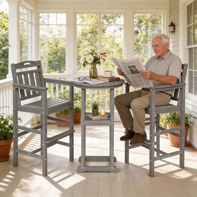 Ciokea Heavy Duty Bar Height Chair, 380lbs Outdoor Adirondack Tall Bar Chair Patio Stool with Arms & High Back, Heavy Duty All-Weather for Balcony, Poolside, Deck and Garden, Grey