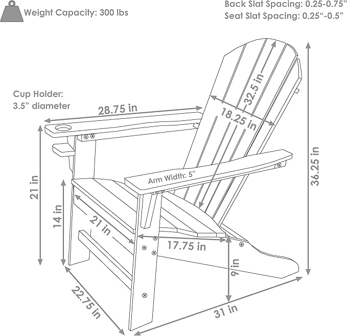 Sunnydaze Adirondack Chair with Cup Holder - Outdoor All-Weather Adirondack Chair for the Fire Pit, Patio, Campsite, or Yard - 300-Pound Capacity - White