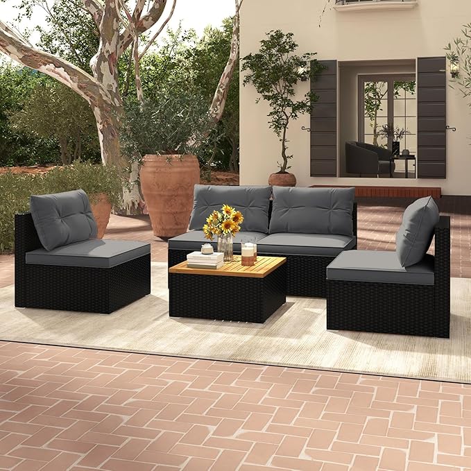 Tangkula 5 Piece Rattan Sofa Set, Outdoor Wicker Furniture Set w/Seat & Back Cushions, Square Coffee Table, Patio Sofa Set for Backyard, Poolside (Grey)