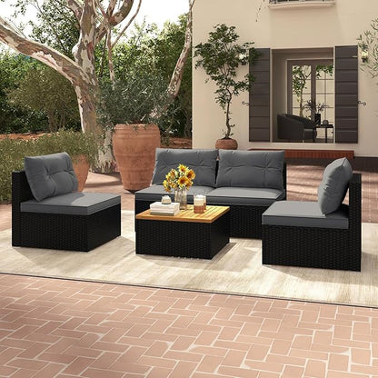 Tangkula 5 Piece Rattan Sofa Set, Outdoor Wicker Furniture Set w/Seat & Back Cushions, Square Coffee Table, Patio Sofa Set for Backyard, Poolside (Grey)