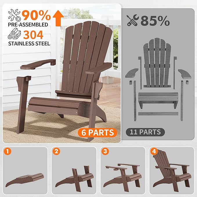 Psilvam Adirondack Chair, Oversized Poly Lumber Fire Pit Chair with Cup Holder, 350Lbs Support Patio Chairs for Garden, Weather Resistant Outdoors Seating, Relaxing Gift for Father & Mother (Brown)