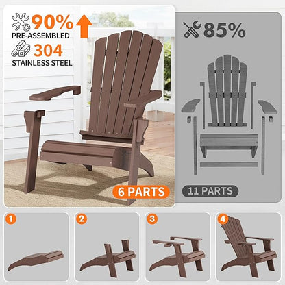 Psilvam Adirondack Chair, Oversized Poly Lumber Fire Pit Chair with Cup Holder, 350Lbs Support Patio Chairs for Garden, Weather Resistant Outdoors Seating, Relaxing Gift for Father & Mother (Brown)