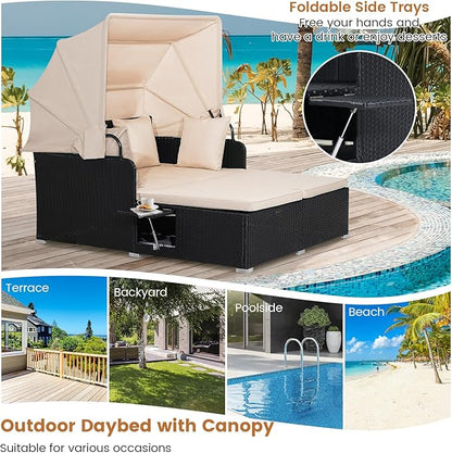 RELAX4LIFE Patio Outdoor Daybed with Canopy, Wicker Sunbed w/Cushions, 4 Pillows & 2 Retractable Side Trays, 2-Person Lounge Bed Conversation for Poolside Porch Garden, Rattan Outdoor Bed (Beige)