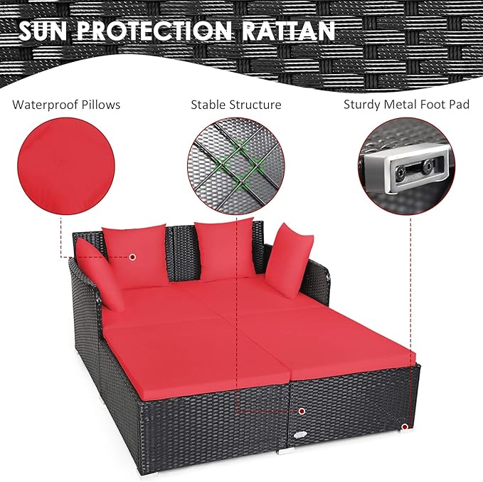 COSTWAY Outdoor Patio Rattan Daybed, Sponge Cushioned Loveseat Sofa with 4 Pillows, Wicker Furniture Sunbed for Balcony - Photo 4